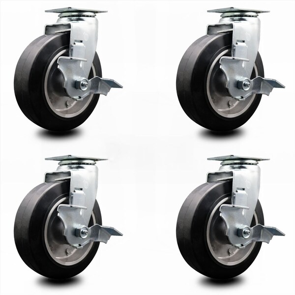 6 Inch Rubber on Aluminum Swivel Caster Set with Roller Bearings and Brakes